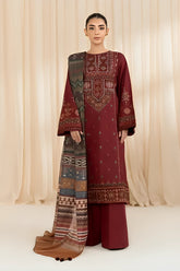 SAPPHIRE - 3PC DHANAK EMBROIDERED SHIRT WITH TWILL PRINTED SHAWL AND TROUSER - HZG2378