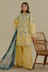 ZARA SHAH JAHAN - 3PC DHANAK EMBROIDERED SHIRT WITH TWILL PRINTED SHAWL AND TROUSER - HZG2293