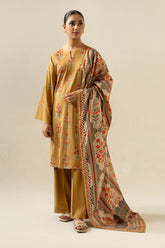 SAPPHIRE - 3PC DHANAK EMBROIDERED SHIRT WITH TWILL PRINTED SHAWL AND TROUSER - HZG1949