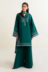 AFROZEH - 3PC DHANAK EMBROIDERED SHIRT WITH TWILL PRINTED SHAWL AND TROUSER - HZU2478