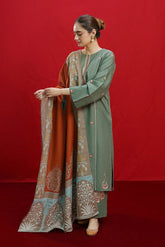 URGE - 3PC DHANAK EMBROIDERED SHIRT WITH TWILL PRINTED SHAWL AND TROUSER - HZG1954