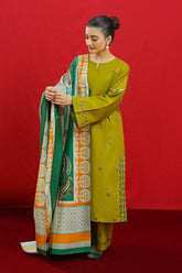 URGE - 3PC DHANAK EMBROIDERED SHIRT WITH TWILL PRINTED SHAWL AND TROUSER - HZG1950