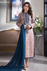 ASIM JOFA - 3PC DHANAK EMBROIDERED SHIRT WITH CHIFFON DUPATTA & TROUSER - HZG2361