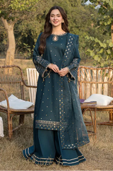 ALLYS - 3PC LAWN SEQUIN EMBROIDERED SHIRT WITH ORGANZA EMBROIDERED DUPATTA AND TROUSER - HZG2843
