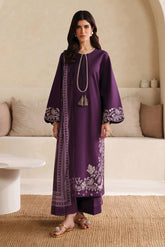 GARNET - 3PC DHANAK EMBROIDERED SHIRT WITH TWILL PRINTED SHAWL AND TROUSER - HZU2479