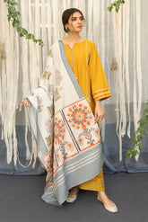 URGE - 3PC DHANAK EMBROIDERED SHIRT WITH PASHMINA WOOL PRINTED SHAWL AND TROUSER - HZG1415