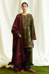 ZARA SHAHJAHAN - 3PC DHANAK EMBROIDERED SHIRT WITH TWILL PRINTED SHAWL AND TROUSER - HZG1903