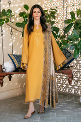 IZEL - 3PC DHANAK EMBROIDERED SHIRT WITH TWILL PRINTED SHAWL AND TROUSER - HZU2585