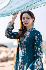 QALAMKAR - 3PC DHANAK SEQUIN EMBROIDERED SHIRT WITH CHIFFON EMBROIDERED DUPATTA AND TROUSER - HZG1740