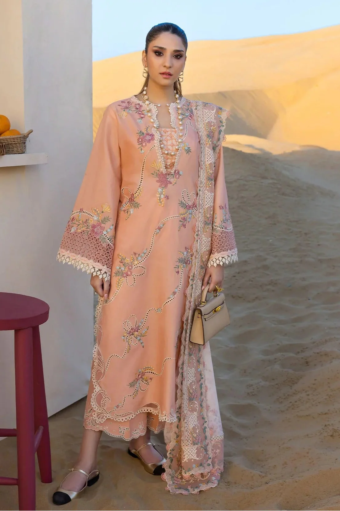 CRIMSON - 3PC CHIKANKARI LAWN EMBROIDERED SHIRT WITH CHIFFON PRINTED DUPATTA AND TROUSER - HZG2680