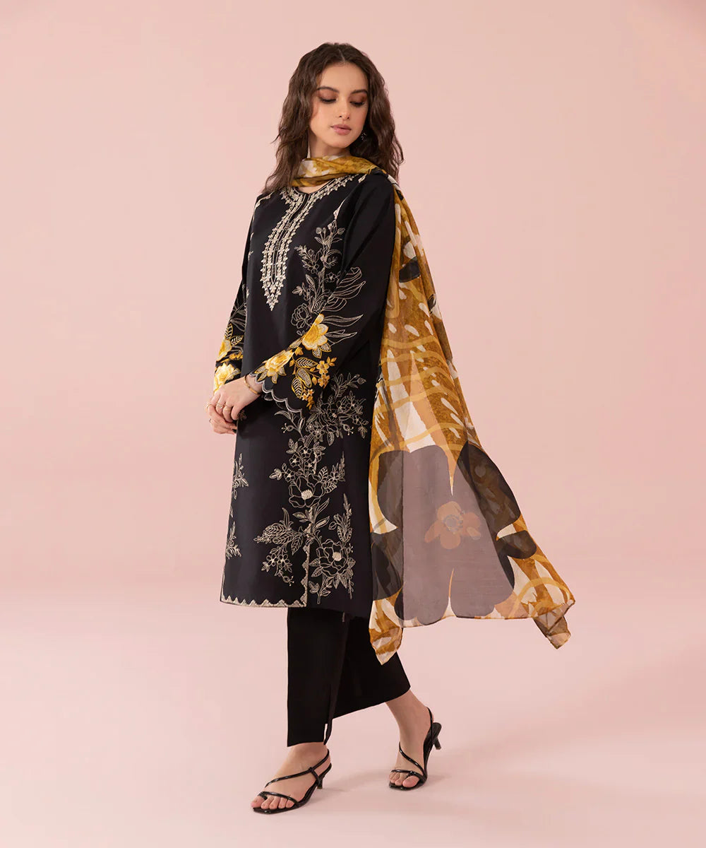SAPPHIRE - 3PC  CAMBRIC EMBROIDERED SHIRT WITH PRINTED DUPATTA AND CAMBRIC TROUSER - HZG1290
