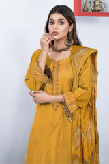 BAKHIYA - 3PC DHANAK EMBROIDERED SHIRT WITH CUTWORK DHANAK EMBROIDERED SHAWL AND TROUSER - HZG1979