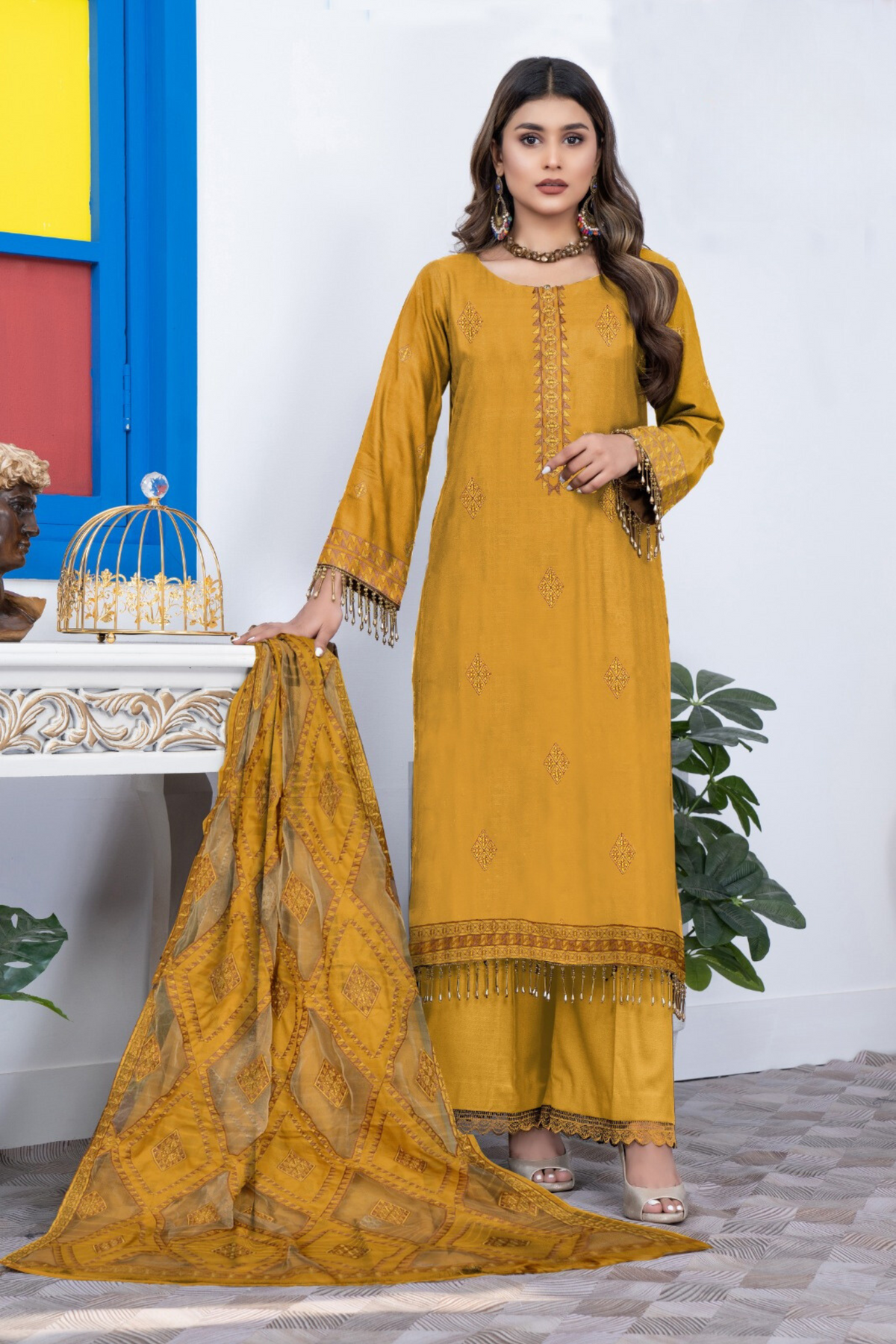 BAKHIYA - 3PC DHANAK EMBROIDERED SHIRT WITH CUTWORK DHANAK EMBROIDERED SHAWL AND TROUSER - HZG1979