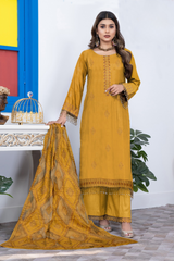 BAKHIYA - 3PC DHANAK EMBROIDERED SHIRT WITH CUTWORK DHANAK EMBROIDERED SHAWL AND TROUSER - HZG1979