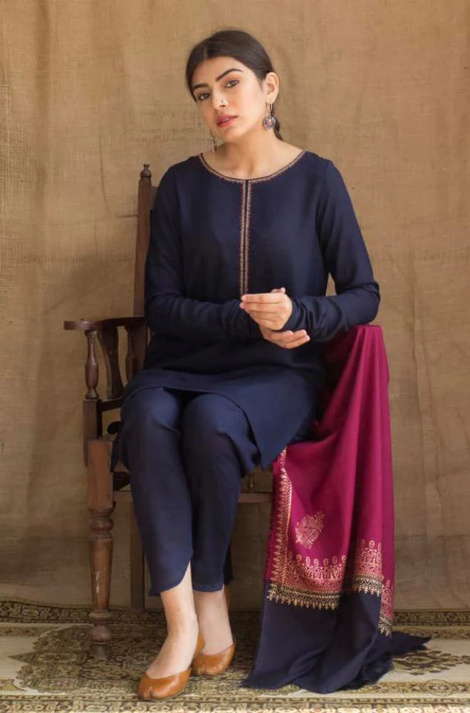 AISLING - 3PC DHANAK EMBROIDERED SHIRT WITH PRINTED TWIL SHAWL - HZG1331