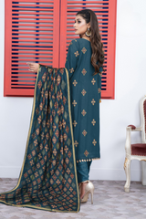 BAKHIYA - 3PC DHANAK EMBROIDERED SHIRT WITH CUTWORK DHANAK EMBROIDERED SHAWL AND TROUSER - HZG1976