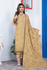 BAKHIYA - 3PC DHANAK EMBROIDERED SHIRT WITH CUTWORK DHANAK EMBROIDERED SHAWL AND TROUSER - HZG1977