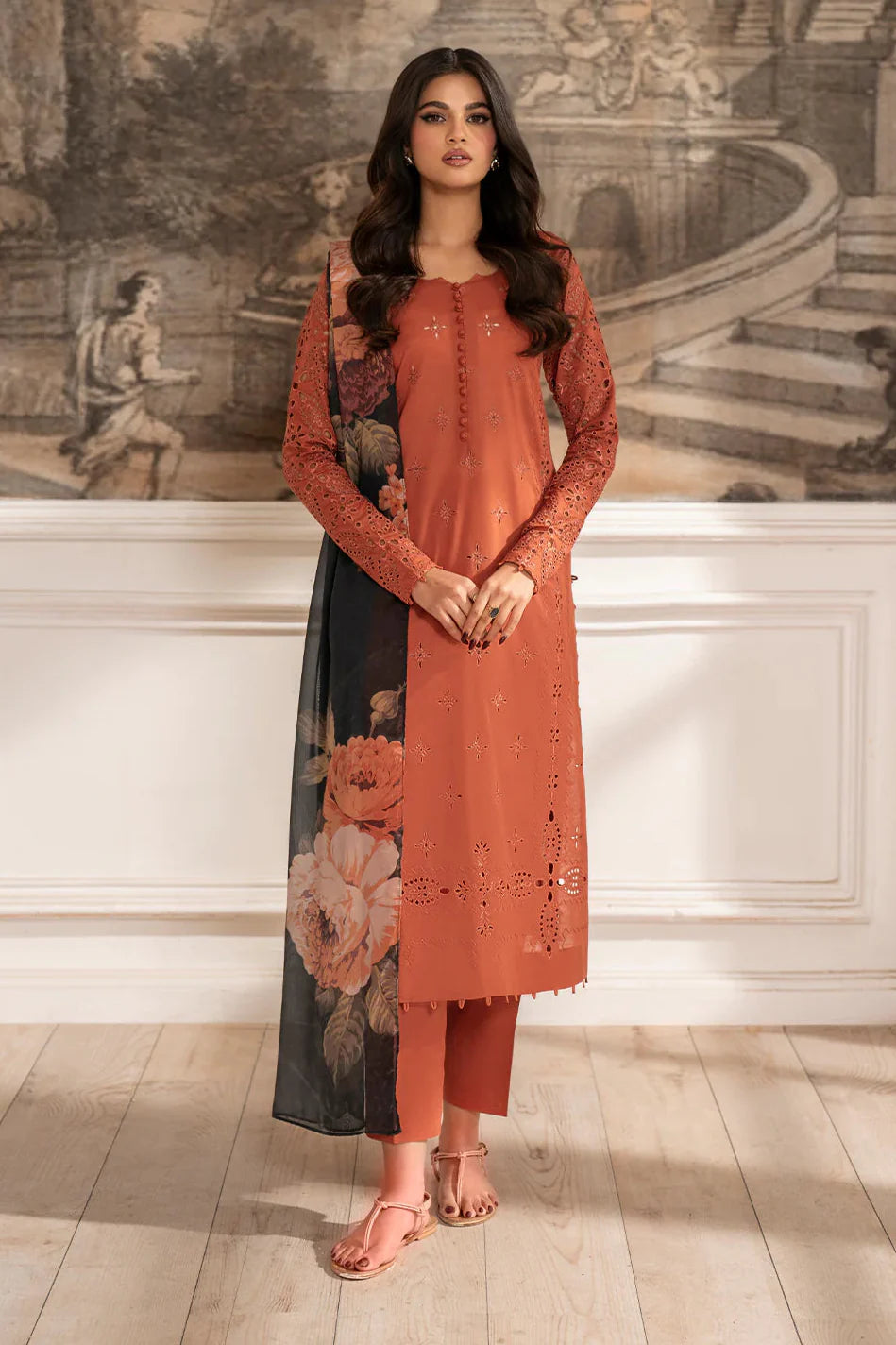 IZNIK - 3PC LAWN CHIKANKAARI EMBROIDERED SHIRT WITH CHIFFON PRINTED DUPATTA AND TROUSER - HZG2629