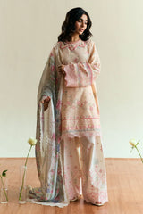 ZARA SHAH JAHAN - 3PC DHANAK EMBROIDERED SHIRT WITH TWILL PRINTED SHAWL AND EMBROIDERED TROUSER - HZG2315