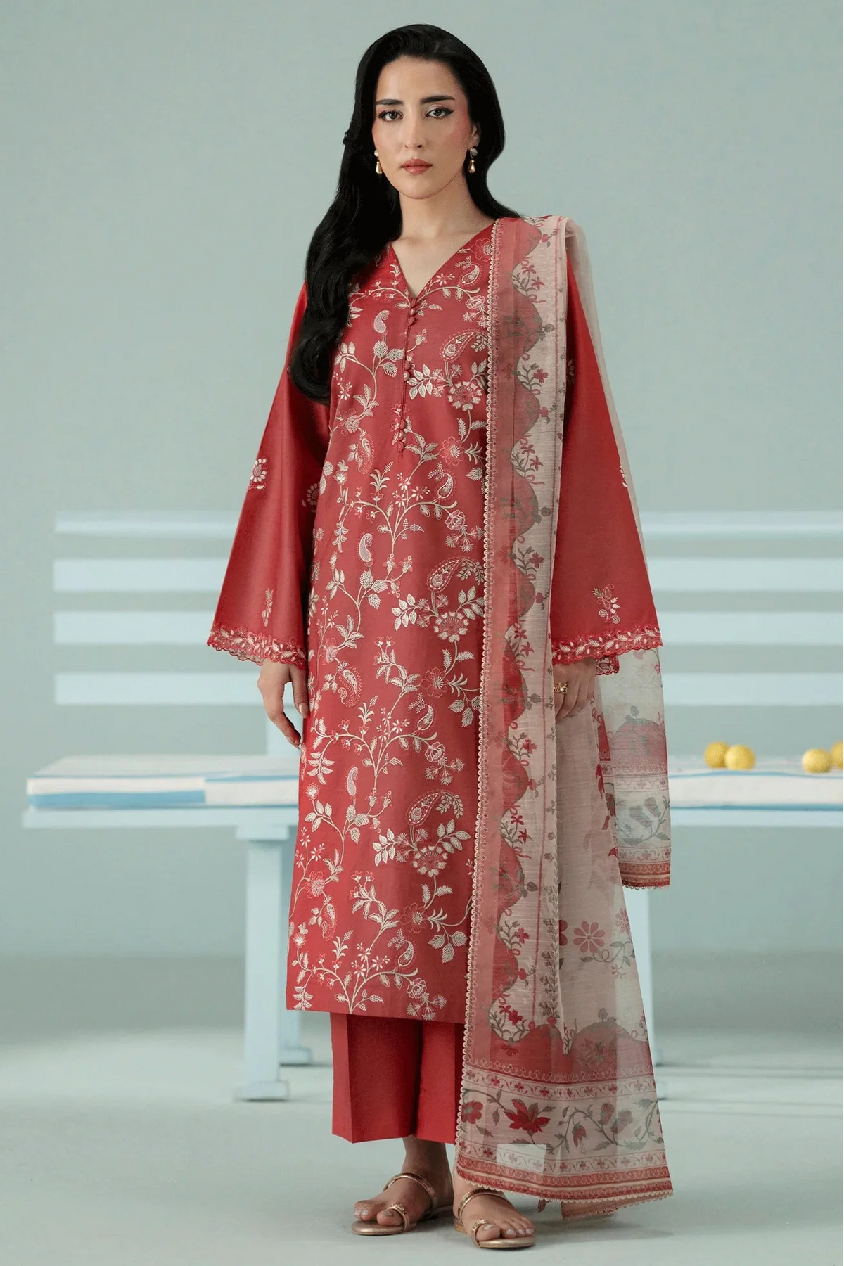 SERAN - 3PC DHANAK EMBROIDERED SHIRT WITH TWILL PRINTED SHAWL AND TROUSER - HZG2608