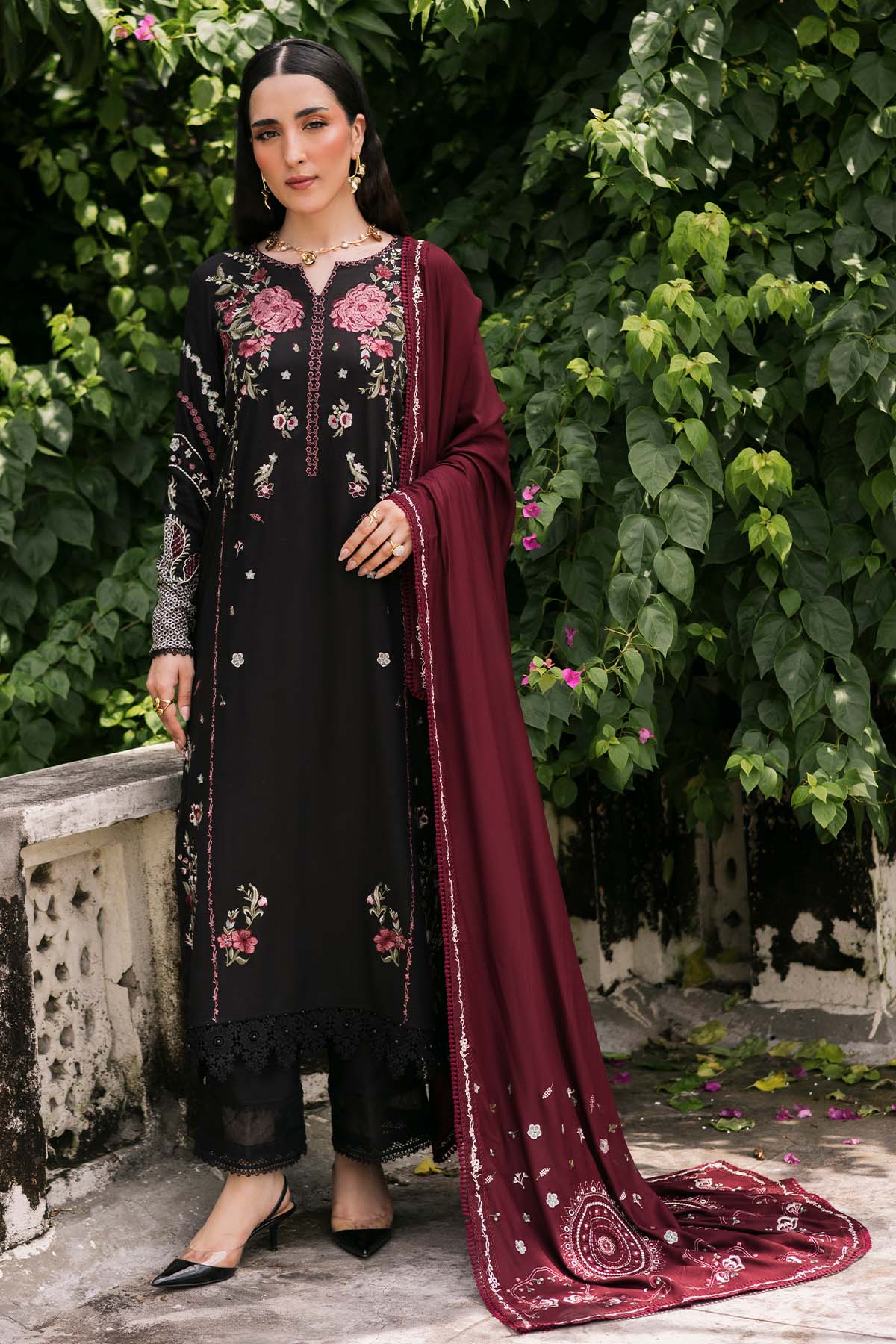 NUREH - 3PC DHANAK EMBROIDERED SHIRT WITH TWILL PRINTED SHAWL AND TROUSER - HZG2614