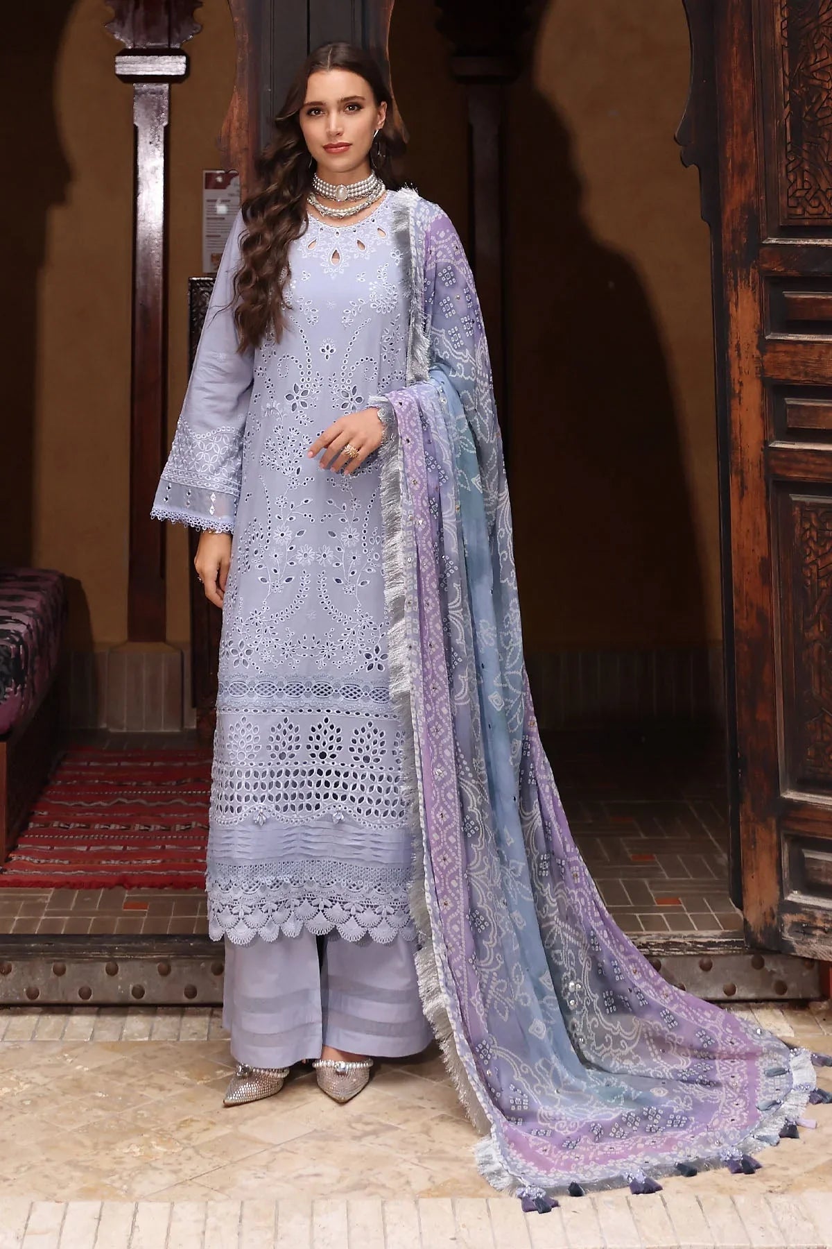 NUREH - 3PC CHIKANKARI LAWN EMBROIDERED SHIRT WITH CHIFFON PRINTED DUPATTA AND TROUSER - HZG2681