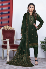 BAKHIYA - 3PC DHANAK EMBROIDERED SHIRT WITH CUTWORK DHANAK EMBROIDERED SHAWL AND TROUSER - HZG1980