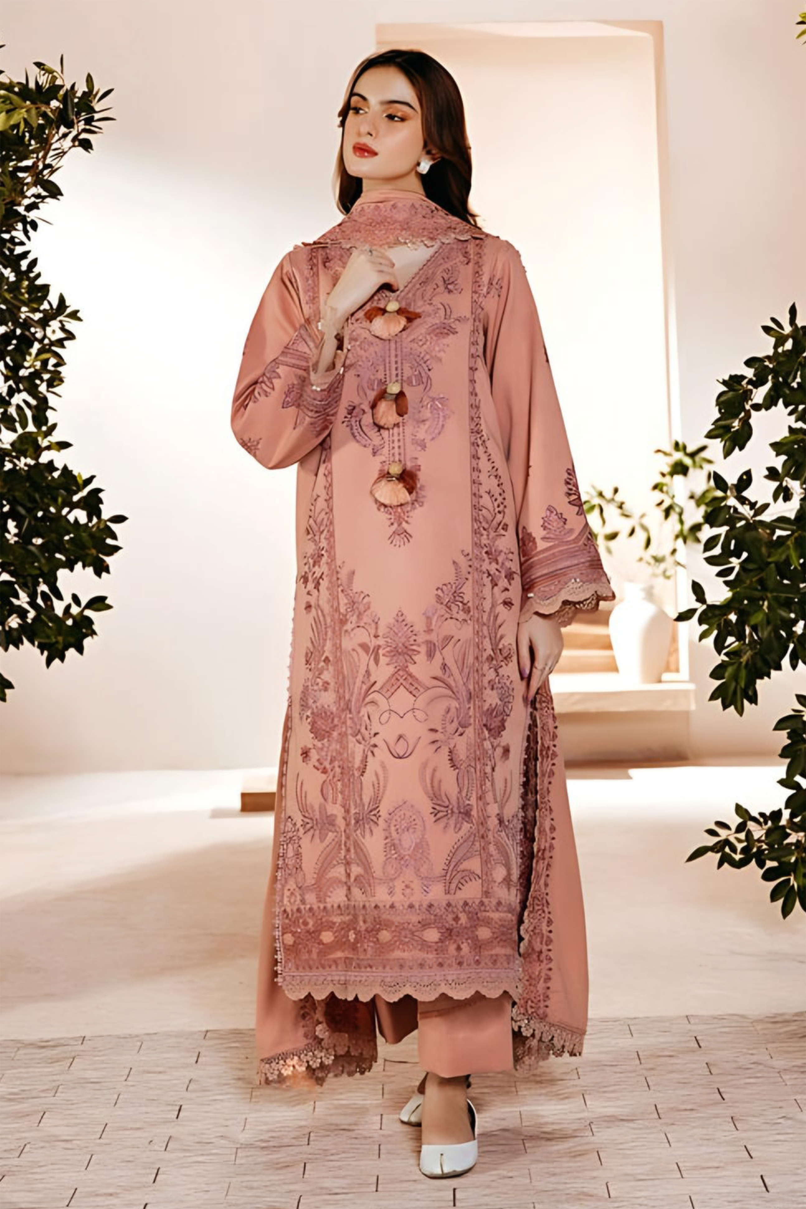 FLORENT - 3PC DHANAK EMBROIDERED SHIRT WITH DHANAK EMBROIDERED SHAWL AND TROUSER - HZG1930
