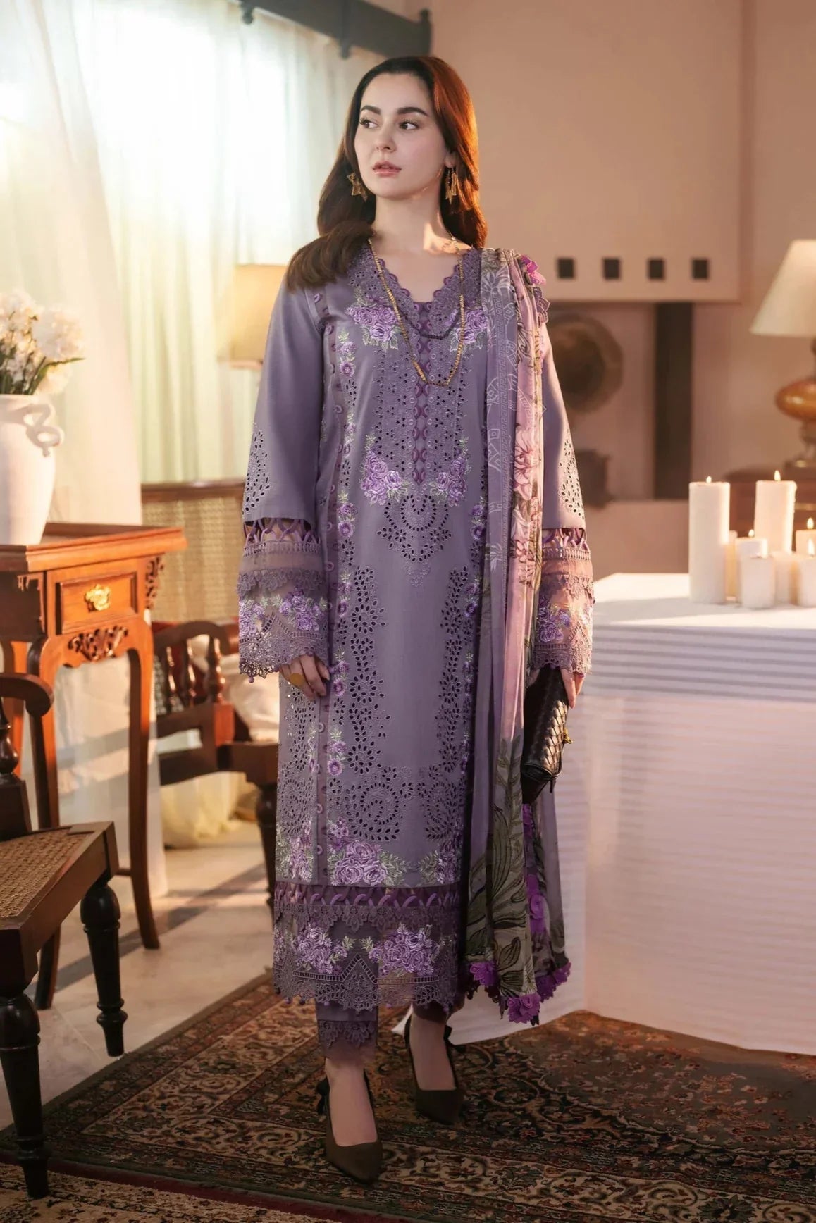 JADE - 3PC LAWN CHIKANKAARI EMBROIDERED SHIRT WITH CHIFFON PRINTED DUPATTA AND TROUSER - HZG2968
