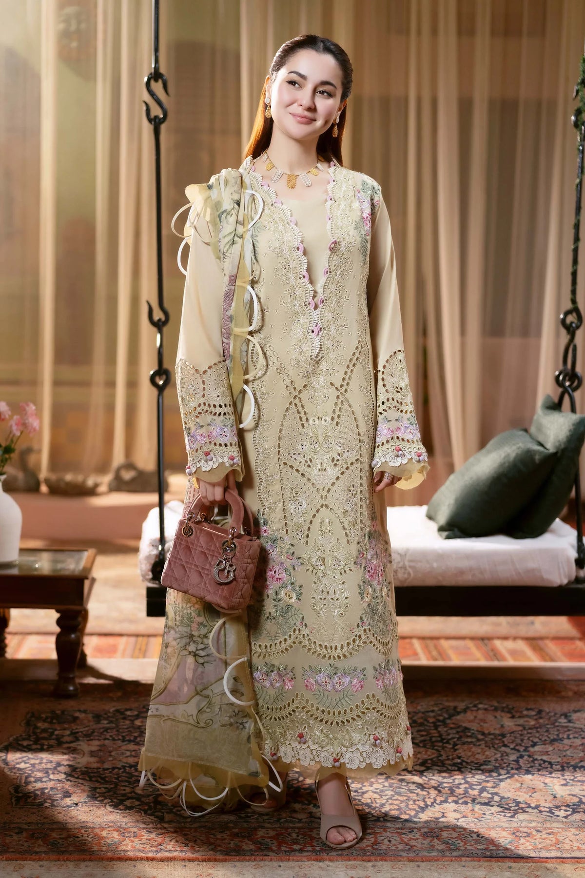 JADE - 3PC LAWN CHIKANKAARI EMBROIDERED SHIRT WITH CHIFFON PRINTED DUPATTA AND TROUSER - HZG2760