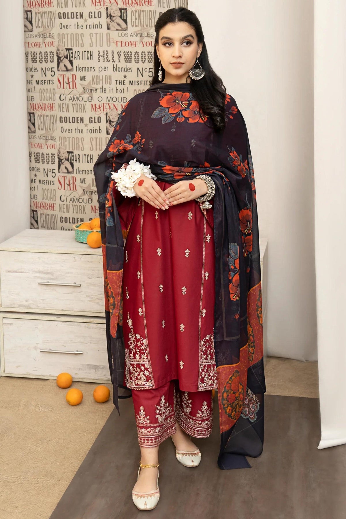 URGE - 3PC DHANAK EMBROIDERED SHIRT WITH TWILL PRINTED SHAWL AND EMBROIDERED TROUSER - HZG2571