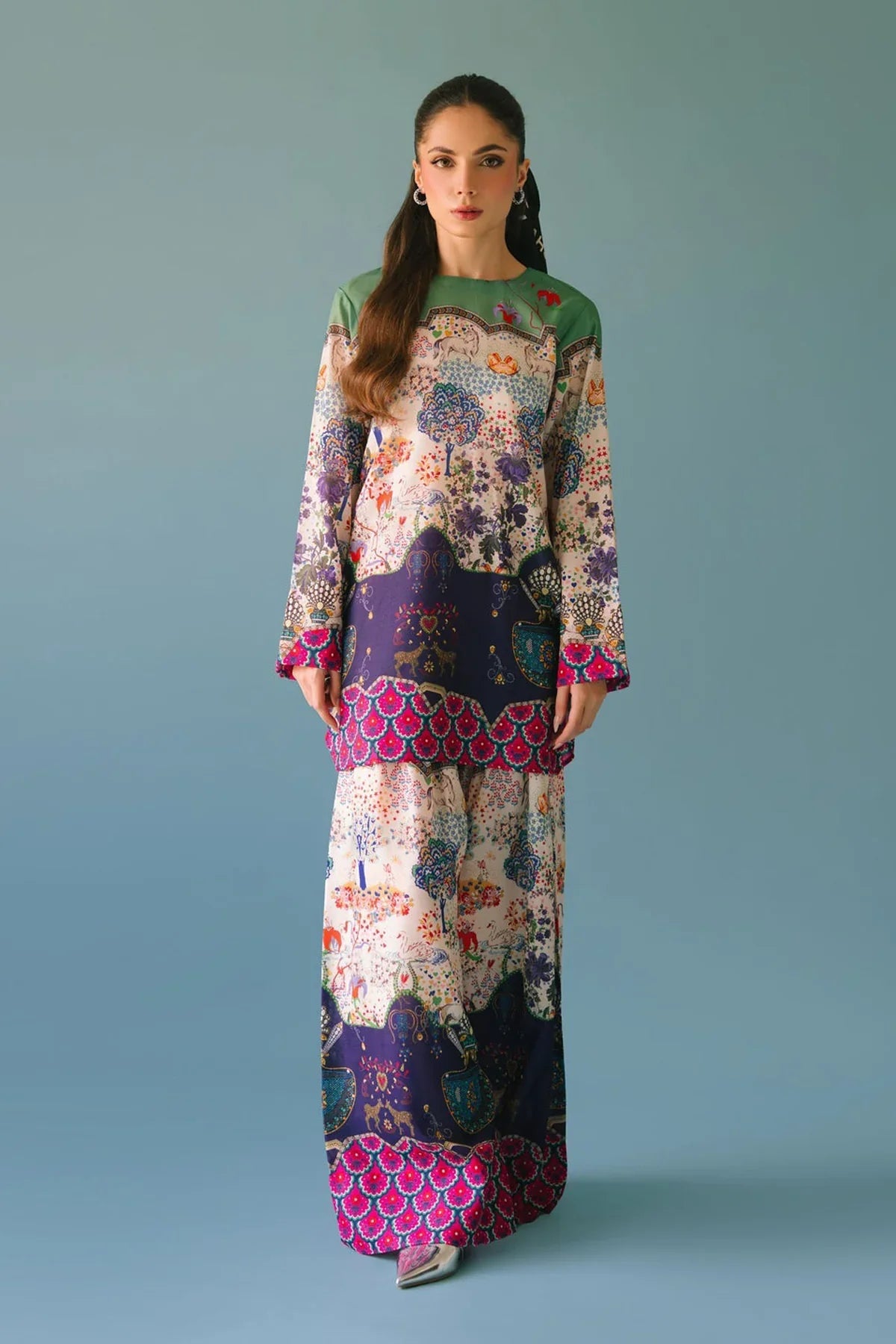 ETHNC - 2PC SILK PRINTED SHIRT WITH SILK PRINTED TROUSER - HZU2499