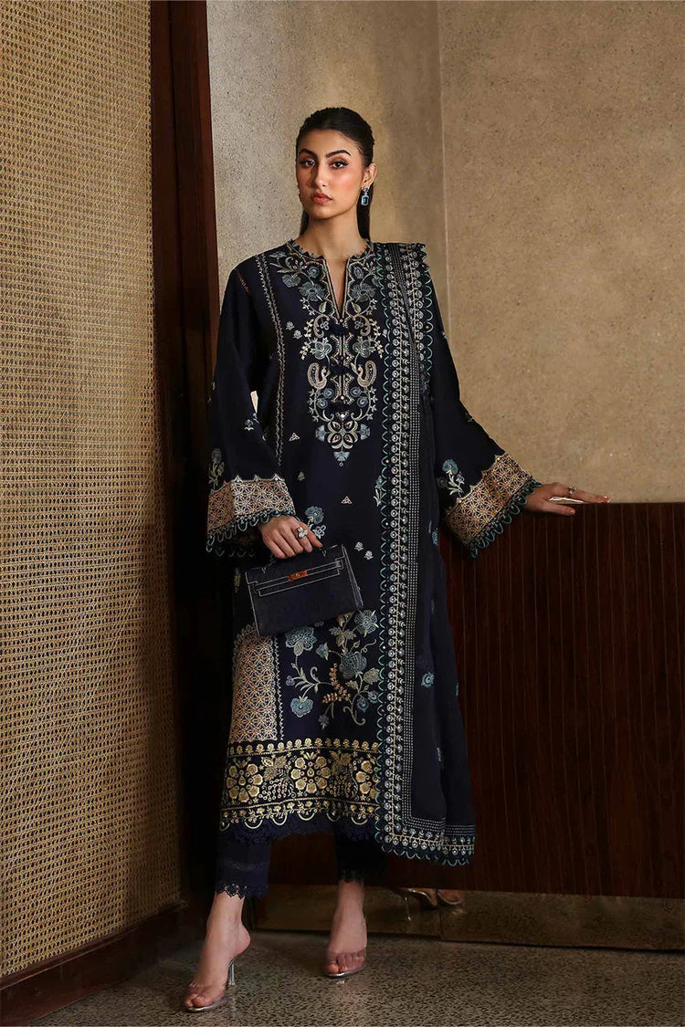 ZAHA - 3PC DHANAK EMBROIDERED SHIRT WITH DHANAK EMBROIDERED SHAWL AND TROUSER - HZU2464