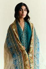 ZARA SHAH JAHAN - 3PC DHANAK EMBROIDERED SHIRT WITH TWILL PRINTED SHAWL AND TROUSER - HZG2343