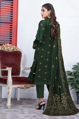 BAKHIYA - 3PC DHANAK EMBROIDERED SHIRT WITH CUTWORK DHANAK EMBROIDERED SHAWL AND TROUSER - HZG1980