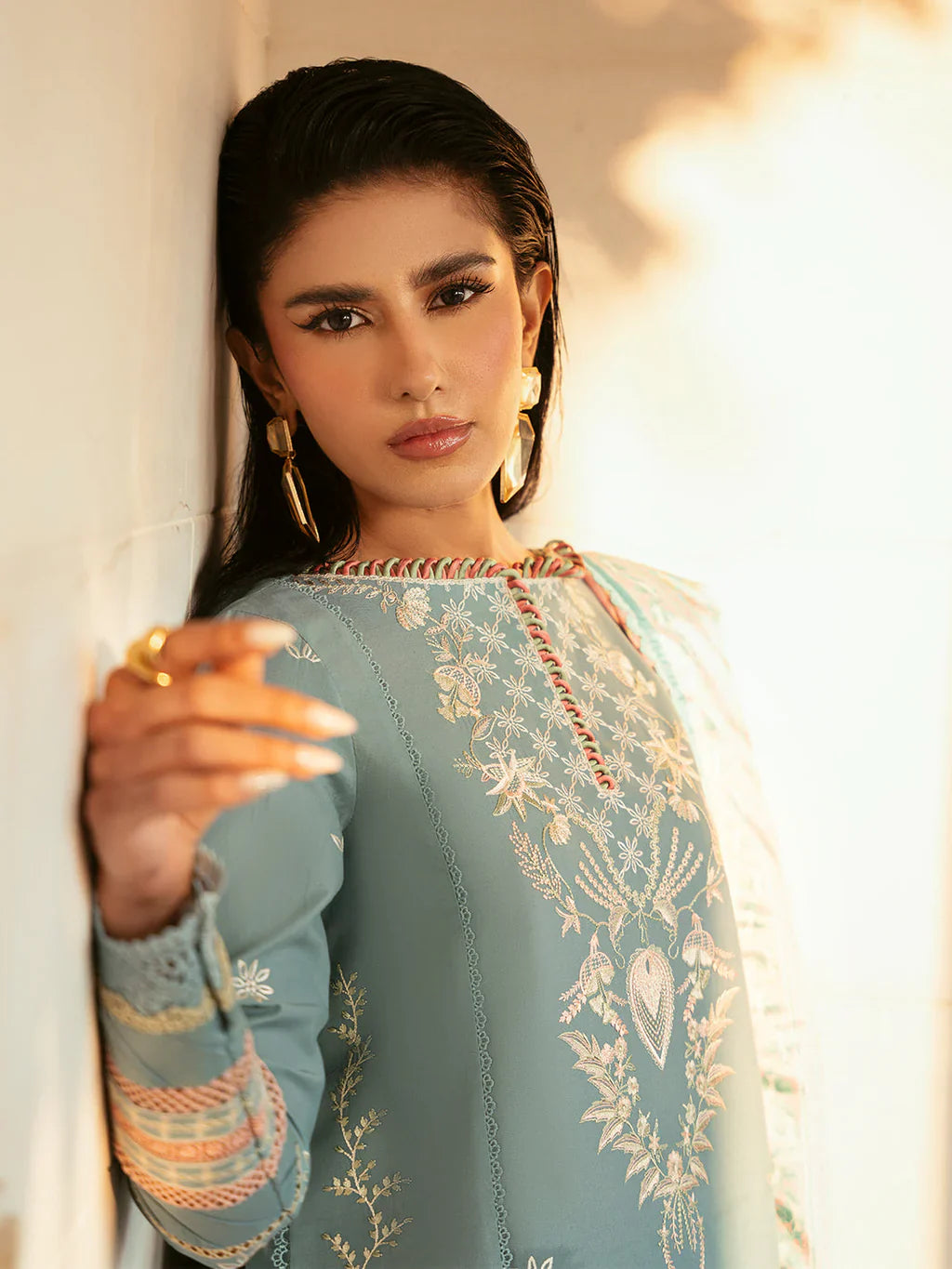 BIN ILYAAS - 3PC DHANAK EMBROIDERED SHIRT WITH TWILL PRINTED SHAWL AND TROUSER - HZU2463