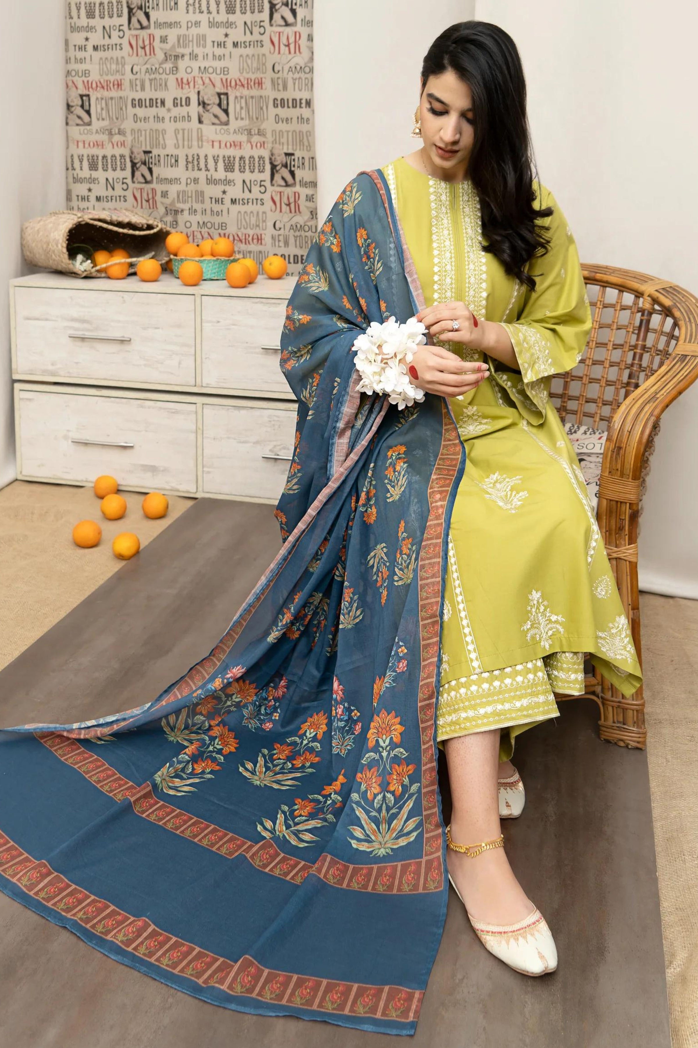 URGE - 3PC DHANAK EMBROIDERED SHIRT WITH TWILL PRINTED SHAWL AND EMBROIDERED TROUSER - HZG1597