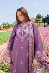 GARNET - 3PC LAWN EMBROIDERED SHIRT WITH CHIFFON PRINTED DUPATTA AND TROUSER - HZG2954