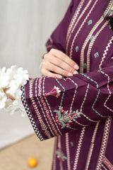 URGE - 3PC DHANAK EMBROIDERED SHIRT WITH TWILL PRINTED SHAWL AND EMBROIDERED TROUSER - HZG2503