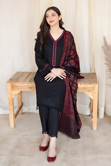 AISLING - 3PC DHANAK EMBROIDERED SHIRT WITH SLUB PRINTED SHAWL AND TROUSER - HZG1386