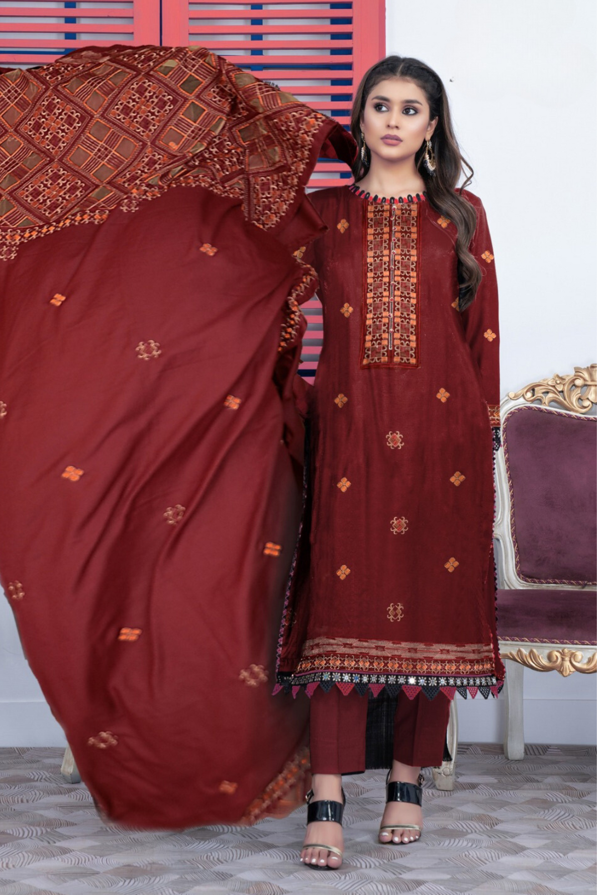 BAKHIYA - 3PC DHANAK EMBROIDERED SHIRT WITH CUTWORK DHANAK EMBROIDERED SHAWL AND TROUSER - HZG1981