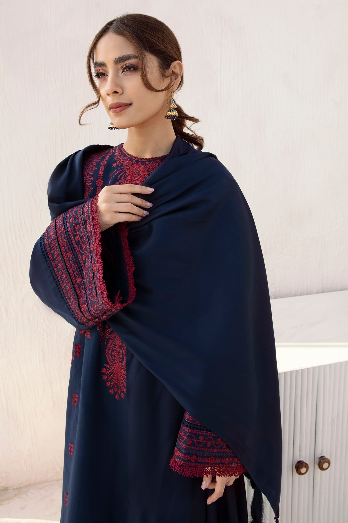 JAZMIN - 3PC DHANAK EMBROIDERED SHIRT WITH Dhanak SHAWL AND TROUSER - HZG1300