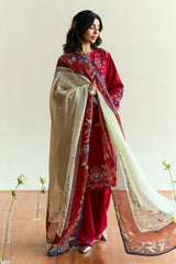 ZARA SHAH JAHAN - 3PC DHANAK EMBROIDERED SHIRT WITH TWILL PRINTED SHAWL AND TROUSER - HZG2339