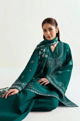 AFROZEH - 3PC DHANAK EMBROIDERED SHIRT WITH TWILL PRINTED SHAWL AND TROUSER - HZU2478