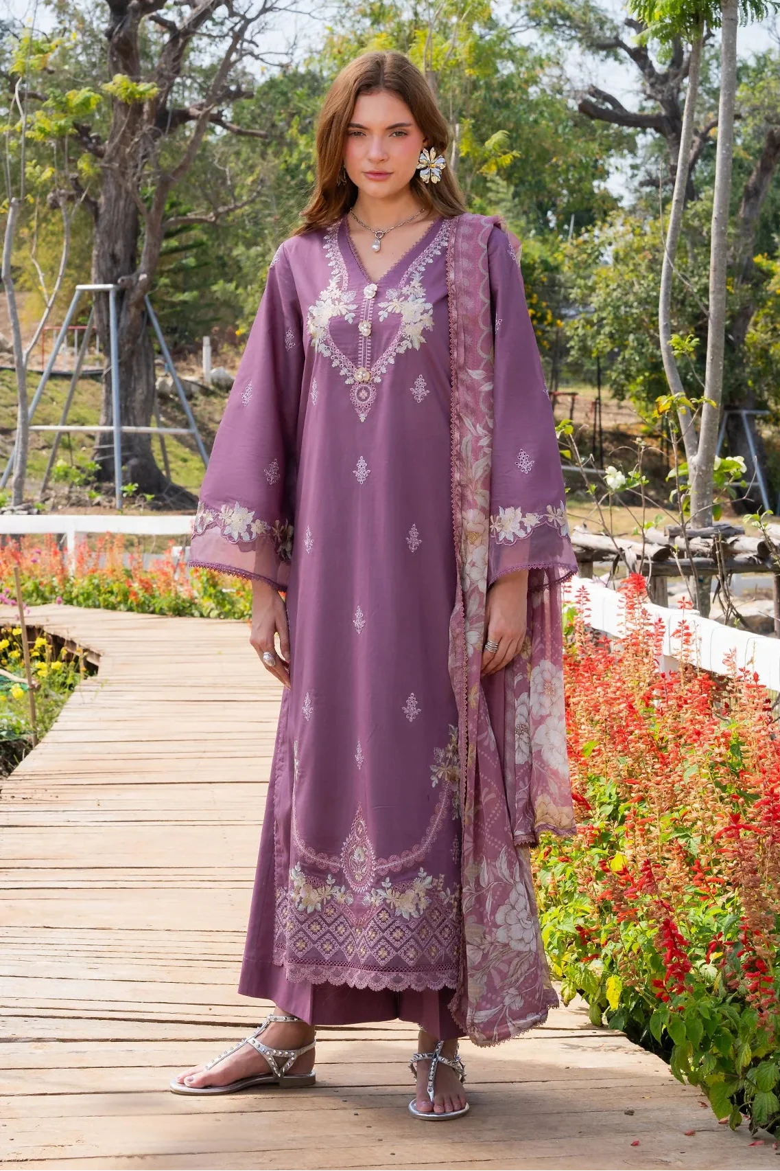 GARNET - 3PC LAWN EMBROIDERED SHIRT WITH CHIFFON PRINTED DUPATTA AND TROUSER - HZG2954