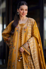 NISHAT - 3PC KHADDAR EMBROIDERED SHIRT WITH TWILL PRINTED SHAWL AND TROUSER - HZU2597