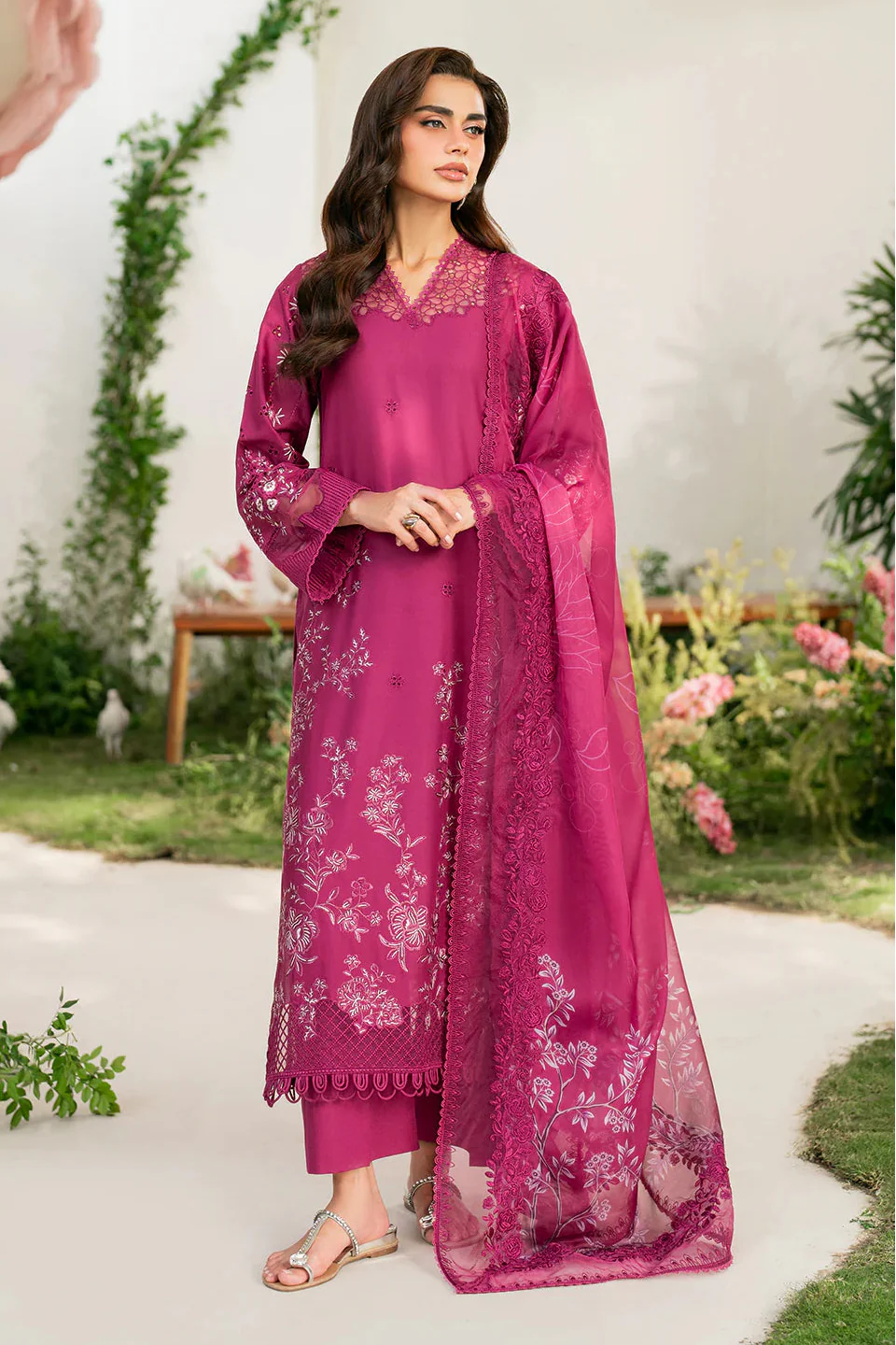 IZNIK - 3PC DHANAK EMBROIDERED SHIRT WITH TWILL PRINTED SHAWL & TROUSER - HZG2561
