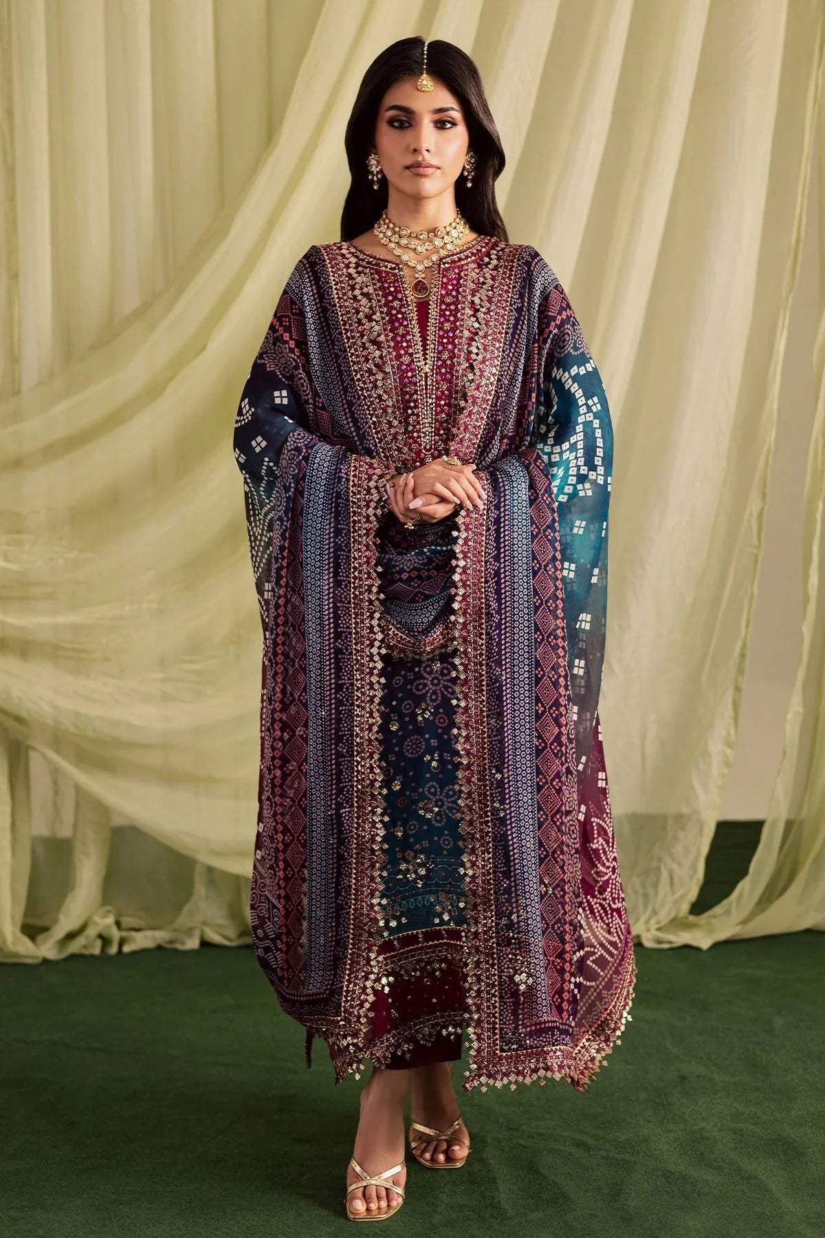 NUREH - 3PC LAWN PRINTED SHIRT WITH CHUNRI PRINTED DUPATTA AND TROUSER - HZG2933