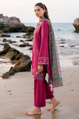 JAZMIN - 3PC DHANAK EMBROIDERED SHIRT WITH TWILL PRINTED SHAWL AND TROUSER - HZG2354