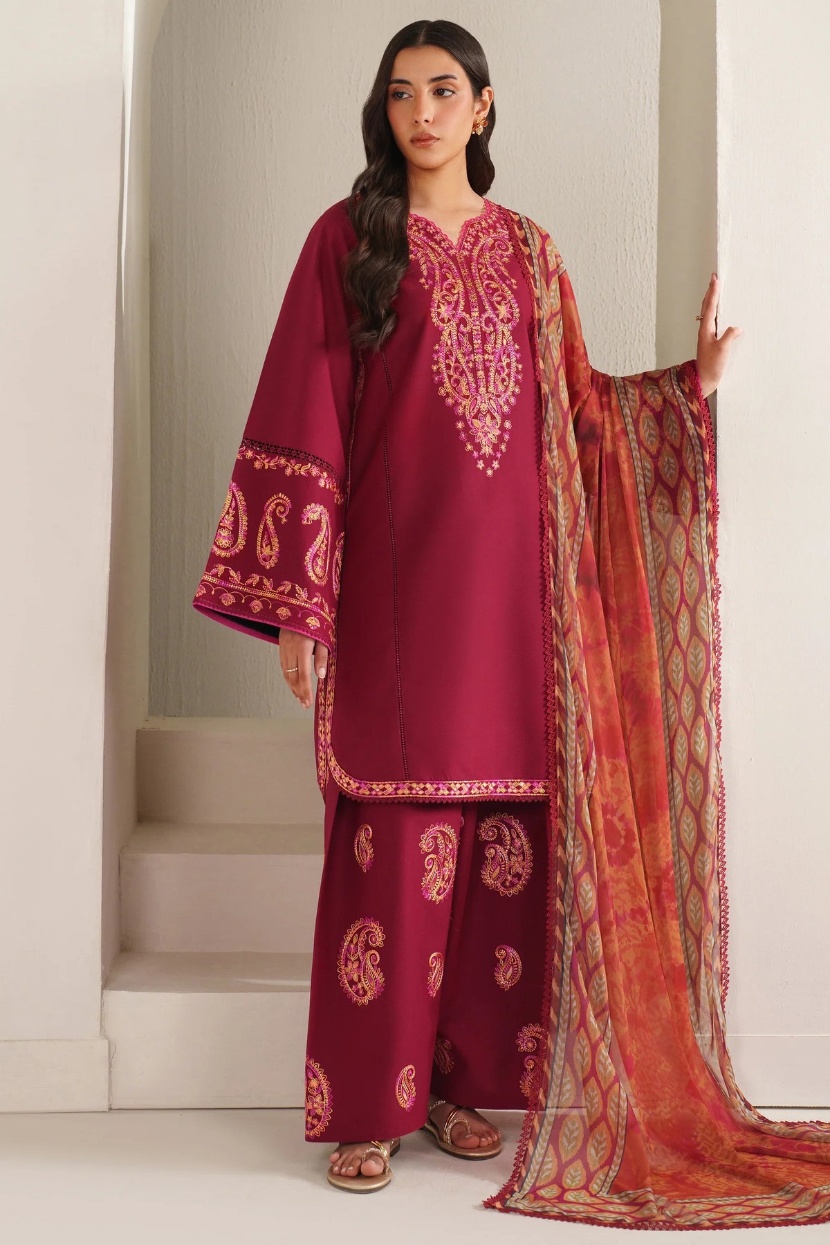 JAZMIN - 3PC LAWN EMBROIDERED SHIRT WITH MANAAR PRINTED DUPATTA AND TROUSER - HZG2942